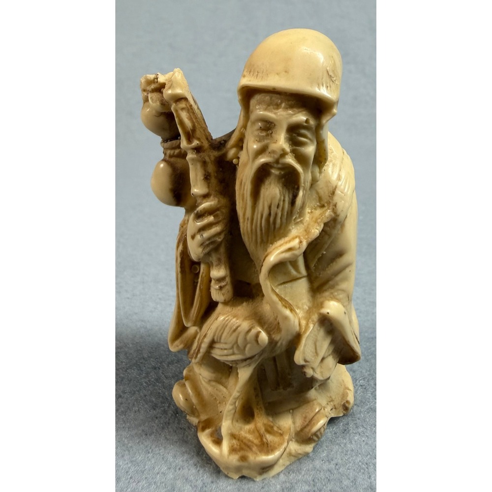 Vintage Shou Lao Chinese God of Longevity Resin Figurine with Crane and Gourd - Picture 3 of 9